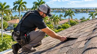Roofing professional inspecting asphalt shingles on a Sarasota, Florida home to determine whether the roof needs repair or replacement.