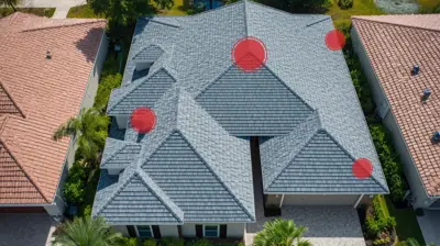 Drone roof inspection image of a Florida home in Sarasota, showing a residential shingle roof evaluated for roof maintenance, storm damage, flashing, roof valleys, and overall roof condition.