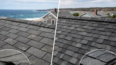 Close-up comparison of flat 3-tab shingles versus thicker architectural shingles on a Rhode Island home.