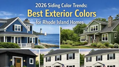 Rhode Island homes featuring 2026 siding color trends, including coastal blue, earthy green, and warm neutral exteriors, with a scenic coastal backdrop.