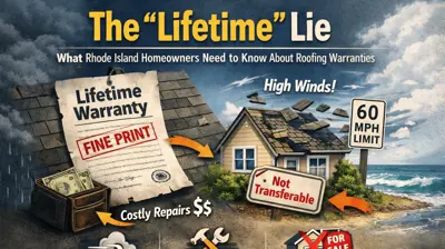 Illustration showing a Rhode Island home with roof damage and a torn “lifetime warranty” document, symbolizing hidden roofing warranty issues for homeowners in Cranston and Warwick.