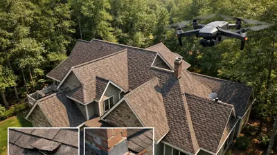 Drone inspecting a large complex asphalt shingle roof with multiple gables and valleys in a wooded residential neighborhood in Rhode Island.