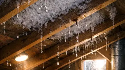 Attic condensation melting from frosty beams and nails, causing water drips that look like a roof leak in a Rhode Island home.