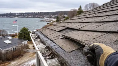 Coastal Rhode Island home in Barrington after winter wind gusts with close view of roof edge and shingles