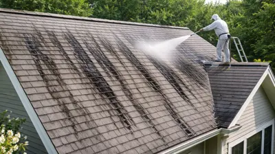 Black algae streaks on asphalt shingles on the north-facing roof slope of a Rhode Island home.