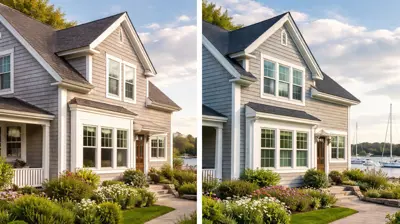 Coastal Rhode Island home with gray shingle-style siding showing the cedar look on a sunny day.