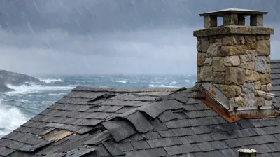 Storm-damaged asphalt shingle roof on a coastal Rhode Island home with lifted and missing shingles from wind, salt air, and oceanfront weather exposure