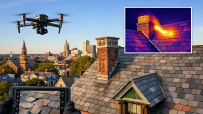 Drone inspecting a historic Providence home’s slate roof with a thermal imaging overlay and the city skyline in the background, illustrating non-contact roof preservation technology.