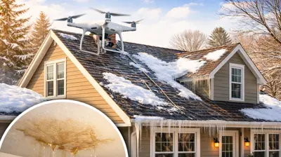 Drone inspecting a snow-covered roof of a beige New England home in Woonsocket, Rhode Island, during a February thaw, showing melting snow, icicles, and a water-stained ceiling from a roof leak.
