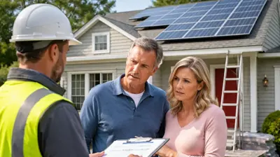 Homeowners reviewing a roofing and solar proposal with a contractor in front of a house with solar panels, illustrating concerns about bundled roof and solar installations and potential hidden costs in Rhode Island