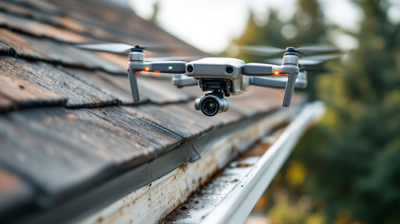 drone performing professional roof inspection over weathered shingles and gutter system, showcasing advanced aerial inspection technology for detailed roofing assessments and accurate estimates. High-resolution camera mounted on drone captures precise roof
