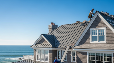 Rhode Island metal roofing guide thumbnail showing coastal home with standing seam metal roof installation for hurricane protection