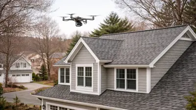 Drone roof inspection over a Johnston, Rhode Island home to document wind and winter roof damage.