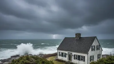 Coastal Rhode Island home in Newport with wind-driven rain during a Nor’easter and a secure asphalt shingle roof edge