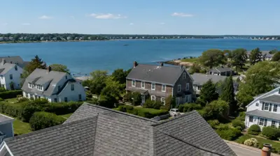 Drone view of a North Kingstown, RI coastal neighborhood showing residential rooflines with visible eave and rake edges designed for high-wind protection near Narragansett Bay.