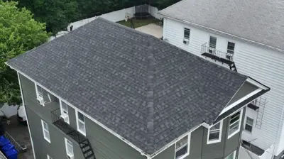 Drone view of a 3-story roof replacement on Power Road in Pawtucket, RI