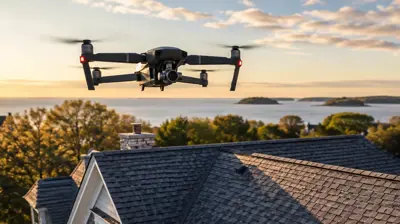 Drone inspection capturing roof measurements for a Rhode Island home.