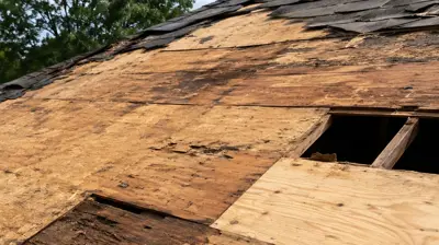 Exposed roof decking during a Rhode Island roof replacement showing areas that may require sheathing repair.
