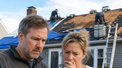Homeowners reviewing roofing estimate while contractors replace damaged roof with tarps and ladders on suburban house after storm damage