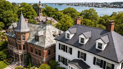 Aerial view of two Rhode Island homes—one with a natural slate roof and the other with a synthetic slate roof—illustrating traditional and modern roofing styles in Providence and Newport.