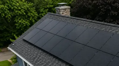 Drone view of a Rhode Island home with solar panels on a new shingle roof