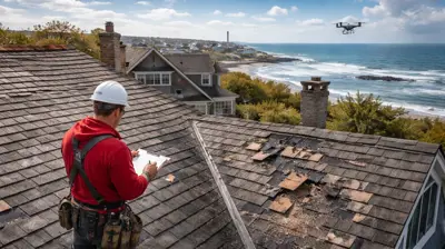 Contractor inspecting damaged roof shingles on a coastal Rhode Island home with drone inspection for repair vs replacement decision