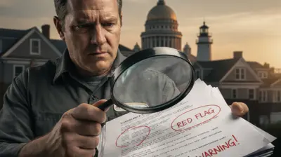A Rhode Island roofing inspector examining a fake warranty document with red flags and warning signs, symbolizing roofing warranty scams and contractor issues.
