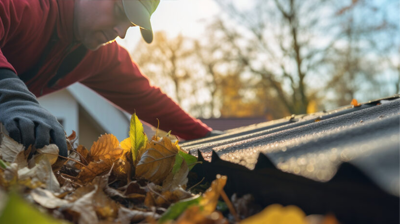 Professional roofer cleaning fall gutters