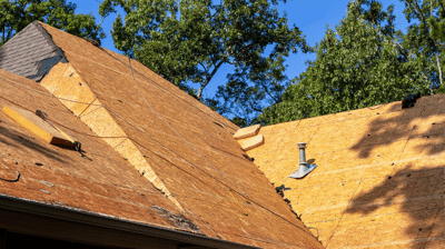 Exposed roof decking during a roof replacement