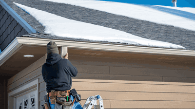 Experienced roofer performing winter roof inspection