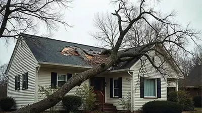 Fallen tree resting on a house roof after a storm, with visible roof damage
