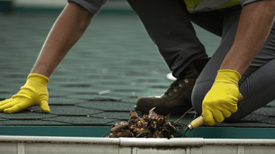 contractor performing fall gutter cleaning service