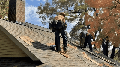 roofers performing storm damage inspection