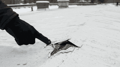 Professional roofer inspecting winter roof damage