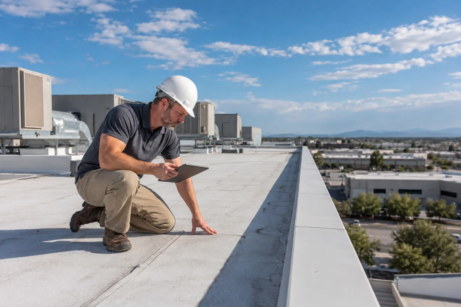 Commercial roofing contractor inspecting a flat roof membrane with a tablet near rooftop HVAC units and a business park.