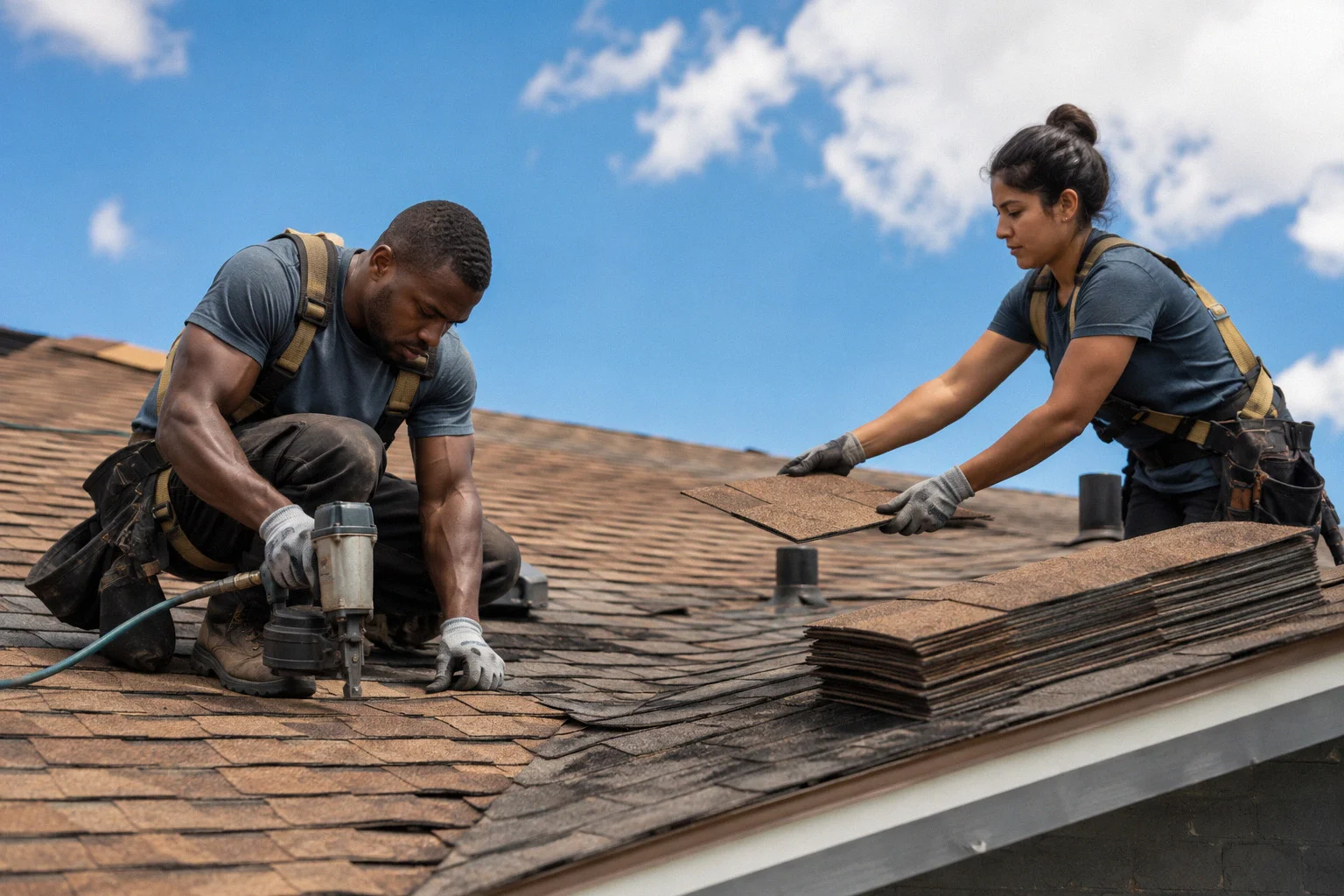 Two construction workers installing new shingles during a roof repair in Sarasota under a blue sky with clouds.