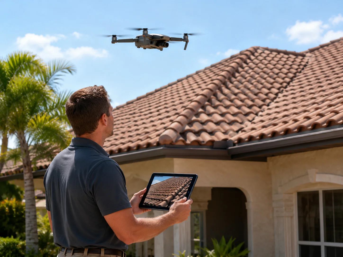 Roofing inspector using a tablet to monitor a drone inspecting a residential tile roof.