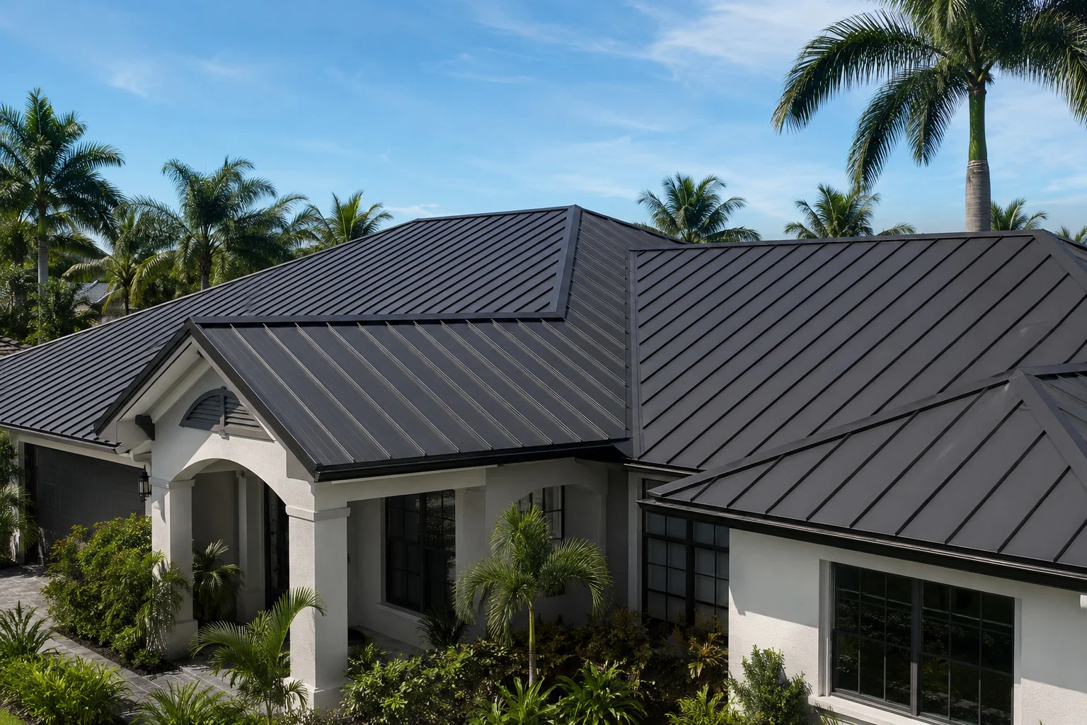 Florida-style home with newly installed charcoal standing seam metal roofing Sarasota FL, surrounded by palm trees under a clear blue sky.