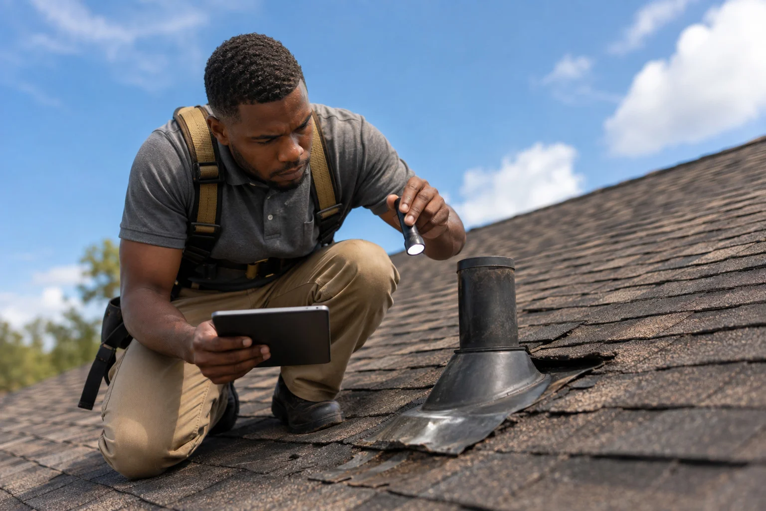Roofing inspector examining damaged flashing around a roof vent with a flashlight and tablet.