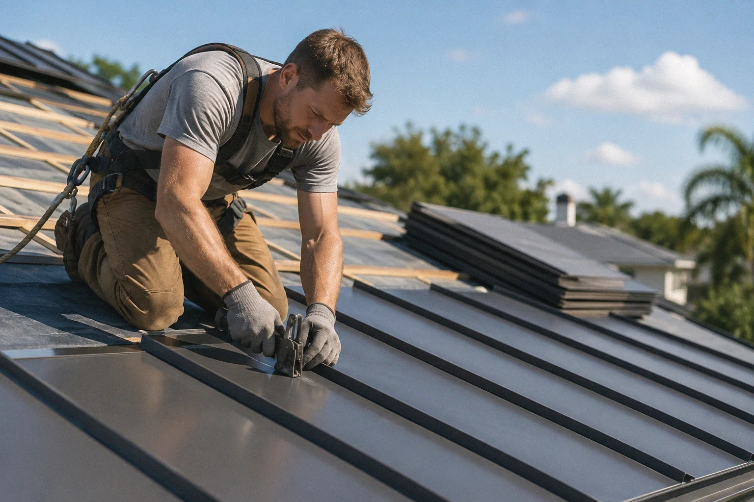 Roofing contractor installing standing seam metal roofing Sarasota FL on a residential home using a hand tool and safety harness.