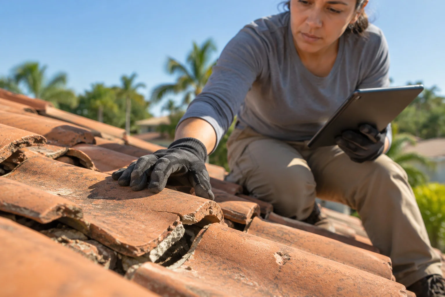 Close-up of cracked and displaced clay roof tiles being inspected in Sarasota, FL