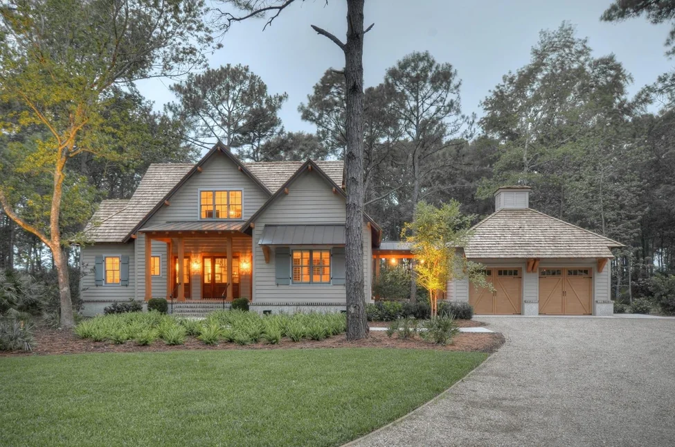 front of a home lit up at night