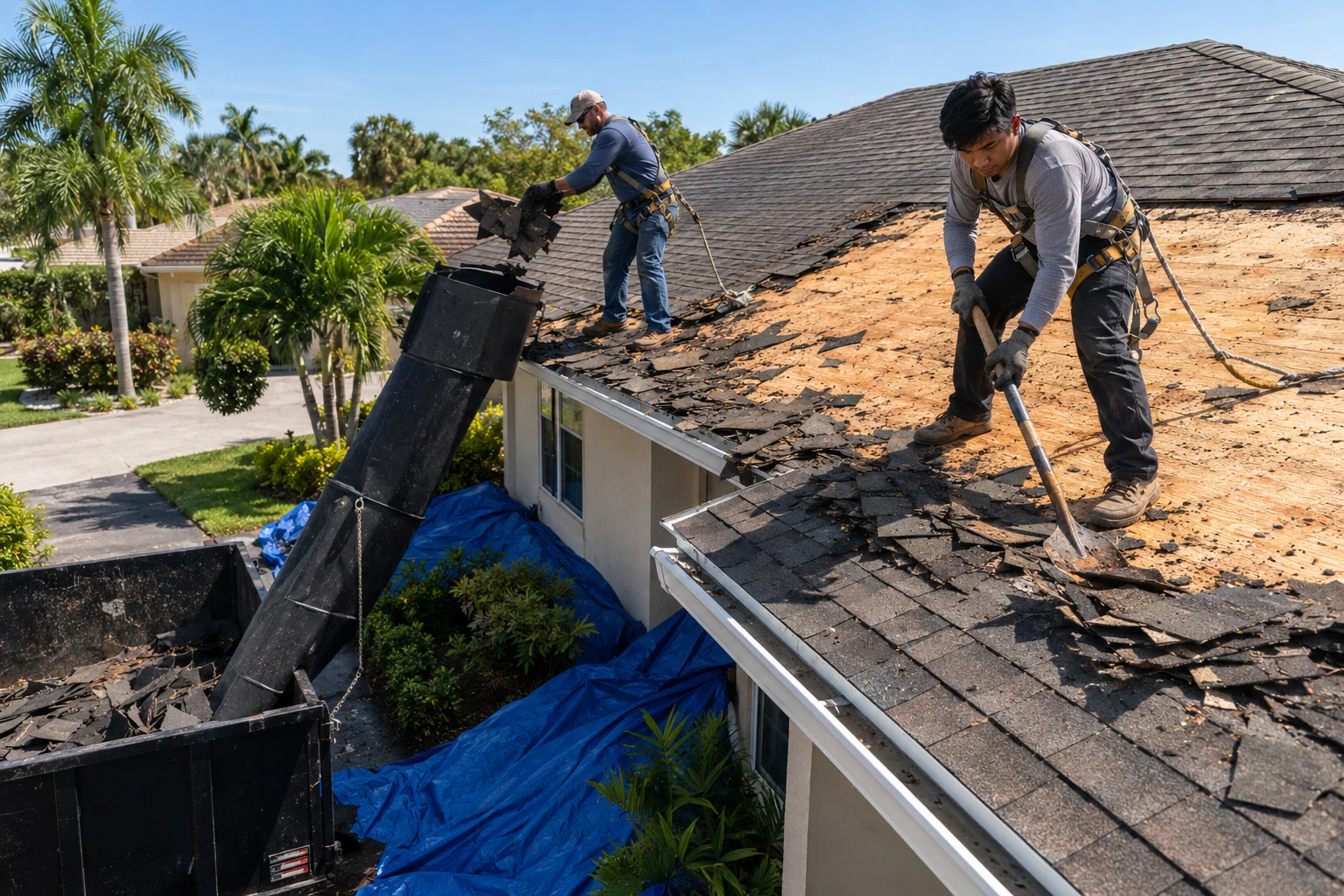 Roof tear-off during a roof replacement project in Sarasota, FL