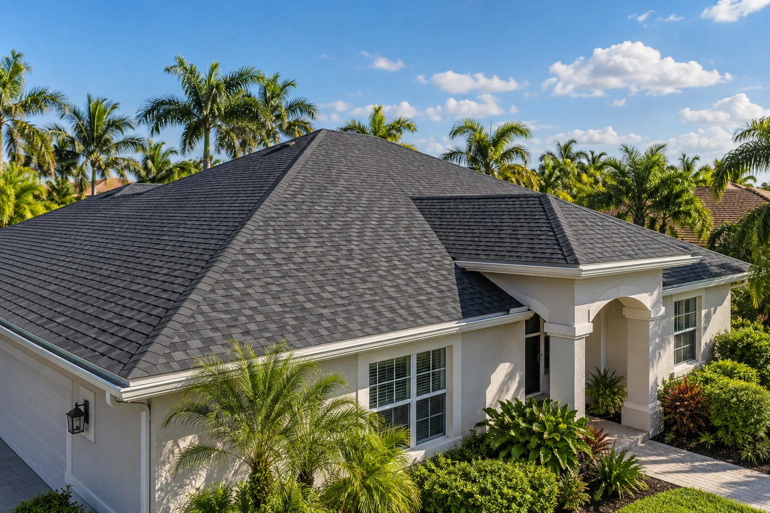 An exterior view of a modern single-story home featuring a newly installed dark grey shingle roof surrounded by tropical palm trees and lush landscaping.
