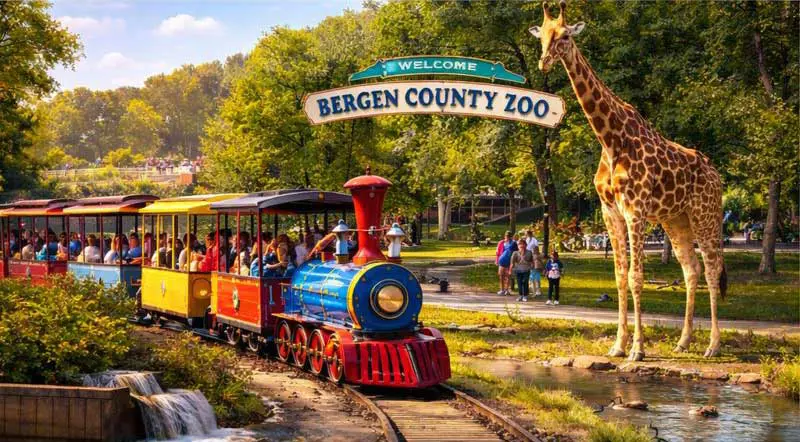 Bergen County Zoo at Van Saun County Park in Paramus, New Jersey, featuring the park train ride and zoo exhibits popular with families.