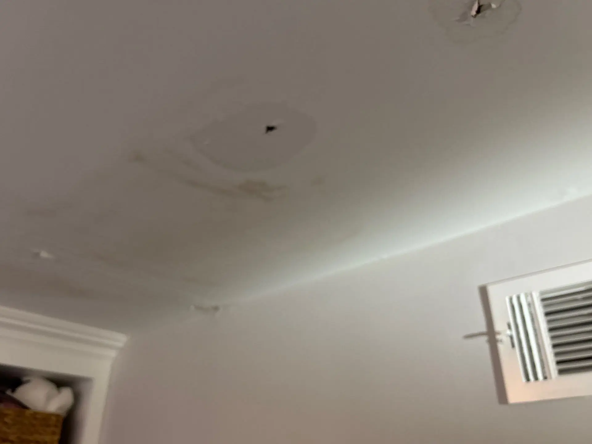 Water stains on a ceiling caused by a roof leak after snow in a Millburn, NJ home
