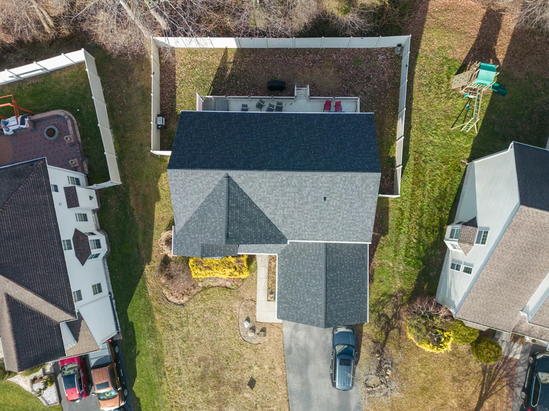 Aerial view of a residential roof replacement completed on a home in Washington Township, Bergen County, NJ.