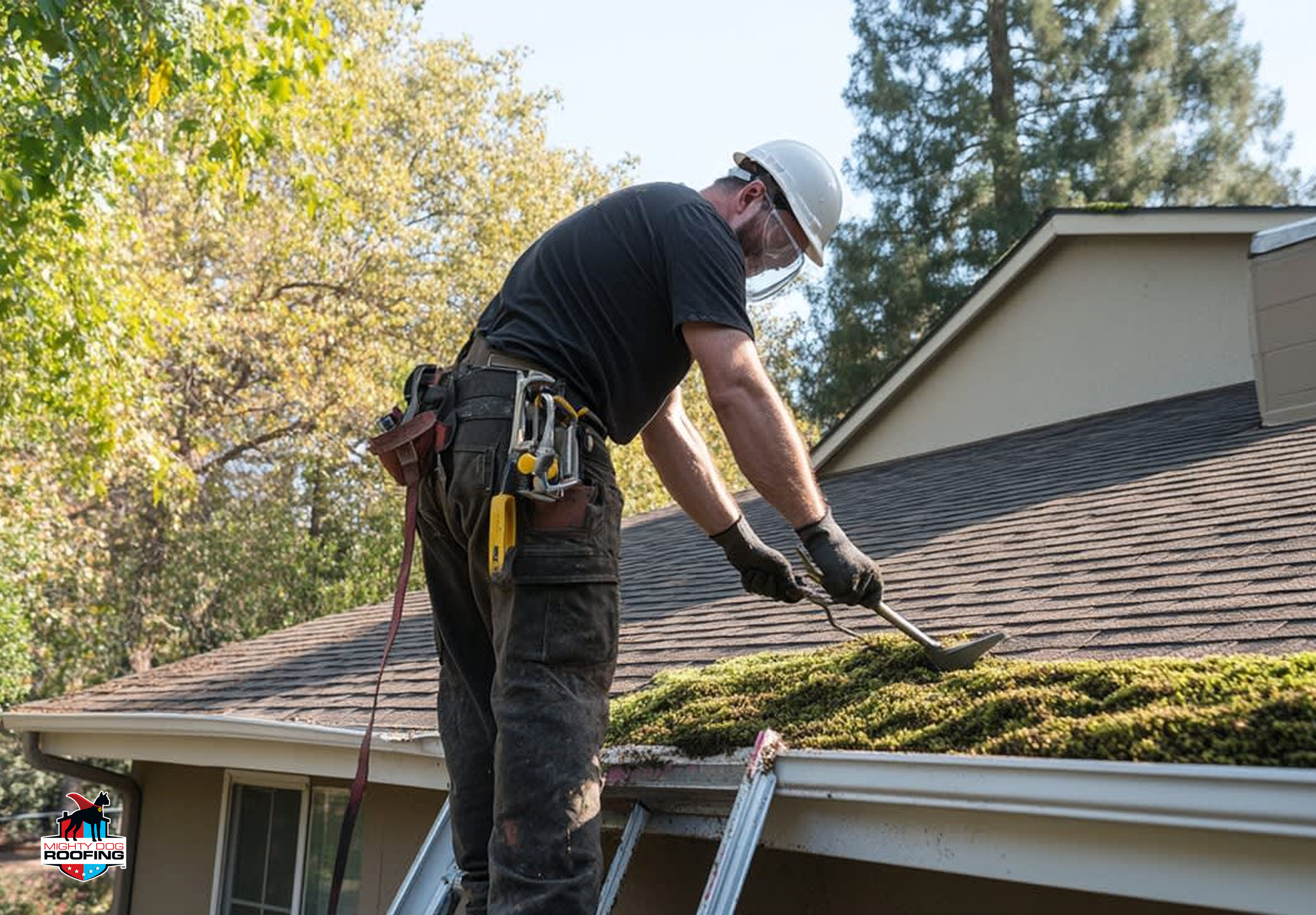 Roofing contractor performing moss and algae removal
