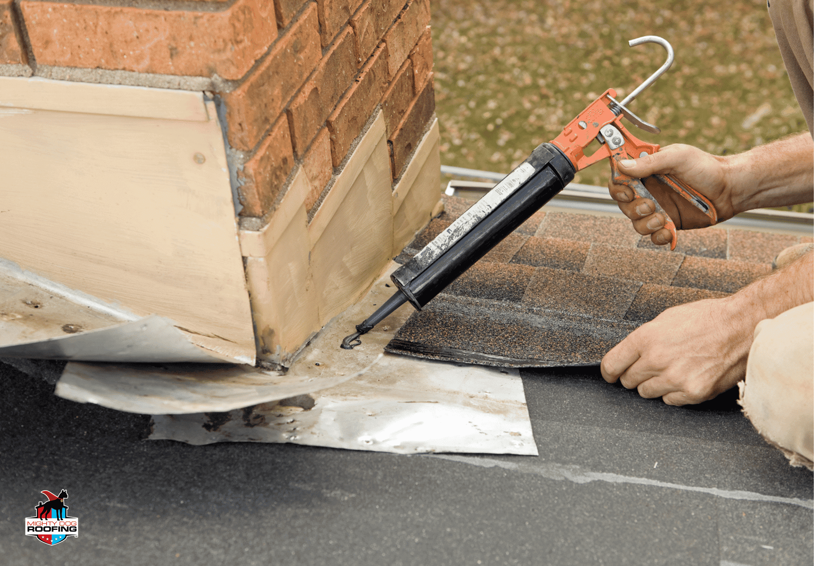 Professional roofing contractor assessing flashing repair