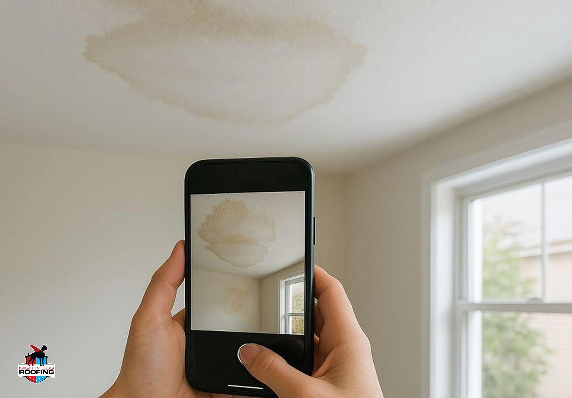 Homeowner photographing a water stain on the ceiling to document roof leak damage